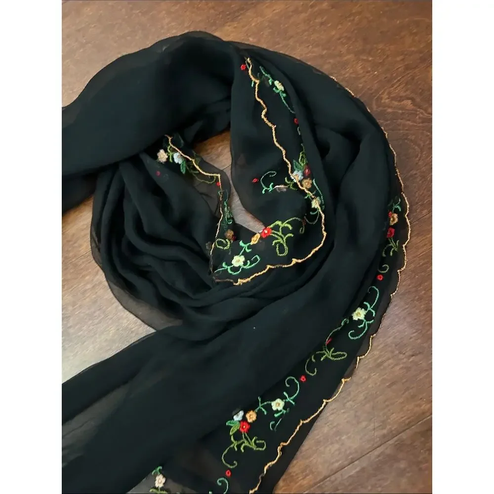 Black Sheer Scalloped Scarf with Colorful Floral Embroidery, Feminine Witchy